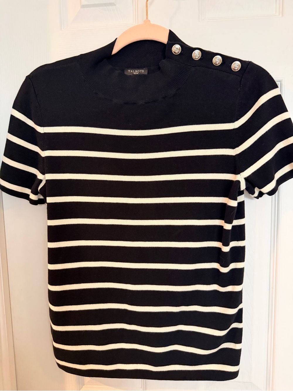 Talbots Petite Nautical Striped Gold Button Sweater MP - Picture 2 of 5
